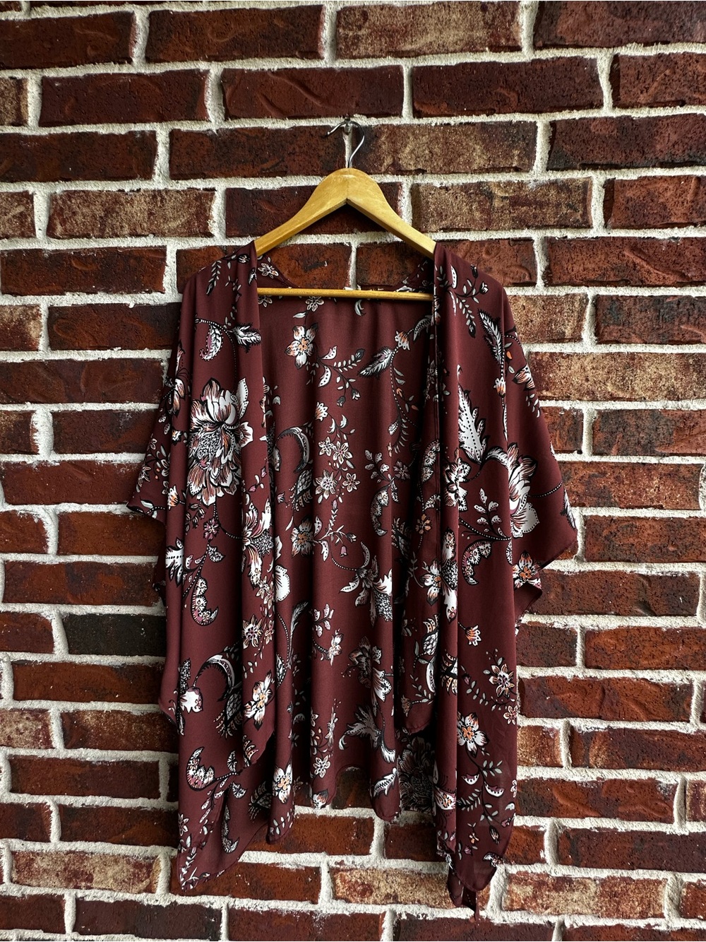 Maurices Floral Open-Front Kimono in Burgundy